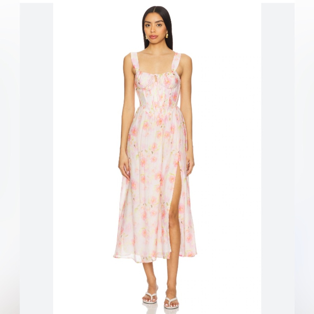 Bardot Floral Midi Dress in Pink and White